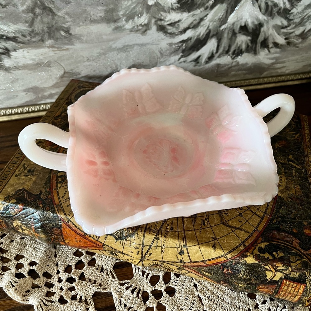 Fenton Rosaline Milk Glass Handled Nappy Bowl Candy Dish Vintage